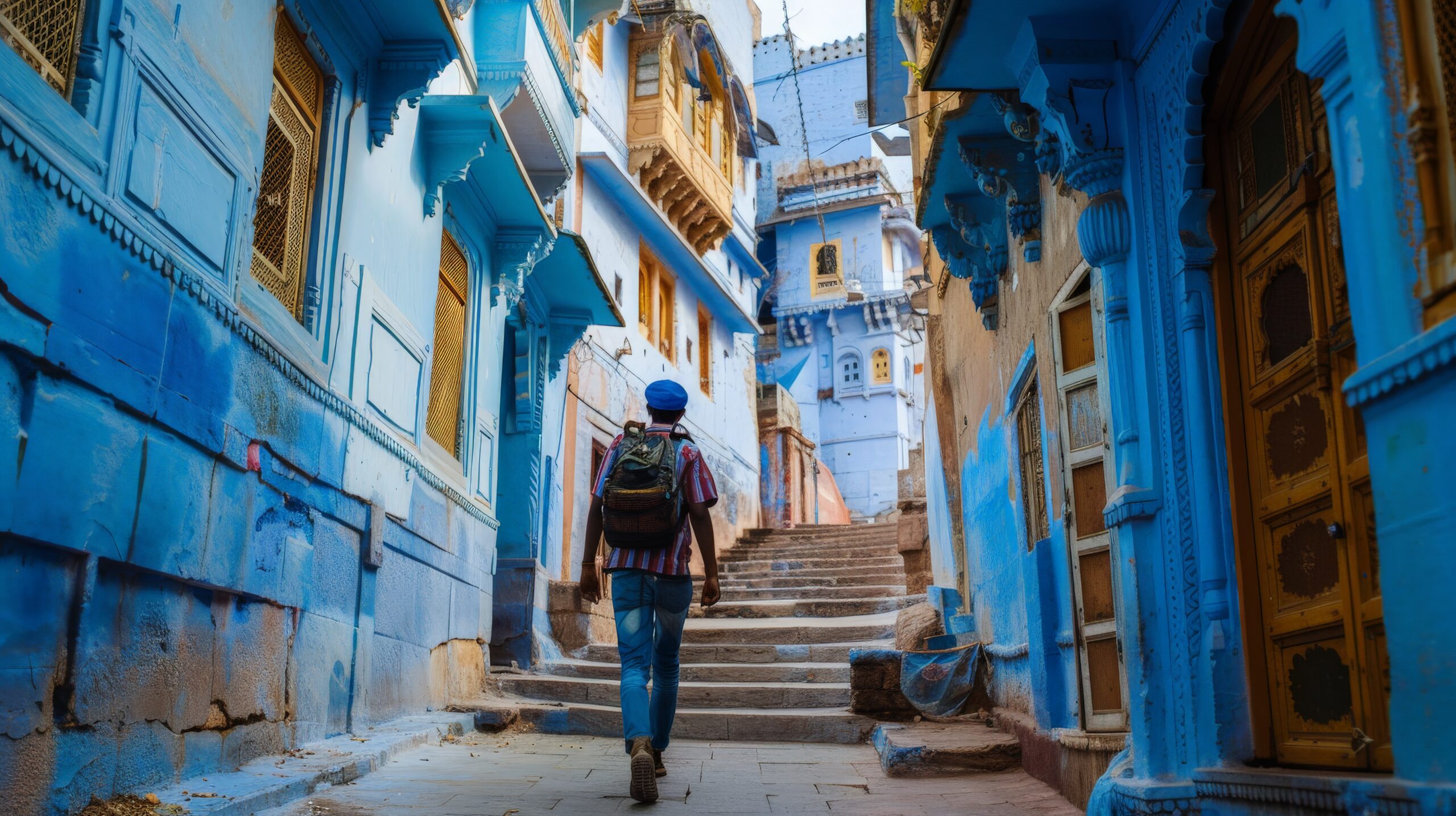 A backpacker explores the intricate alleyways of Jodhpur's blue city in India, experiencing the vibrant colors and cultural richness.